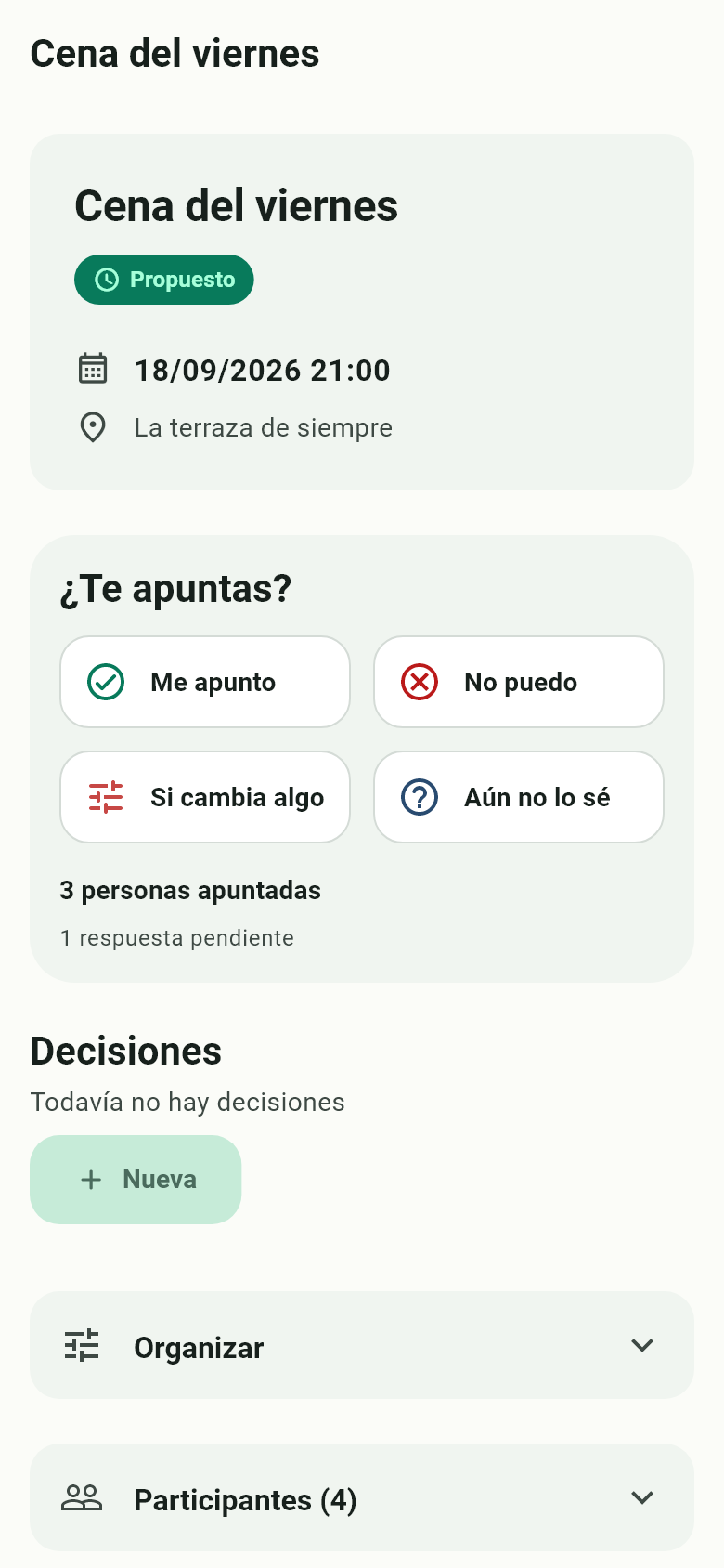 Pantalla de un plan de ejemplo en Noraino: Cena del viernes, fecha y lugar, opciones de asistencia, decisiones y participantes.